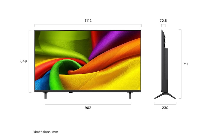 LG NANO 4K UHD AI nu85 shown in front and side views highlights a 50-inch display with a 1112 mm-wide screen, 649 mm screen height, 711 mm height with stand, a 70.8 mm profile depth, and a stand footprint measuring 902 by 230 mm.